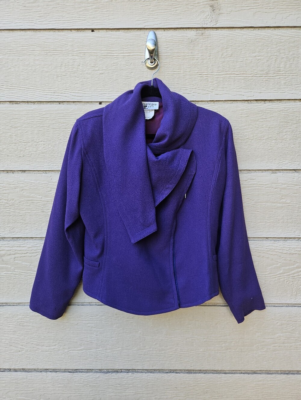 Courreges purple wool asymmetric cropped jacket with shawl collar FR 38 US 6